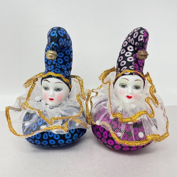 Pin Cushion Harlequin Clowns‎ SET OF 2 Porcelain Painted Face Pierrette Jester - Picture 1 of 10